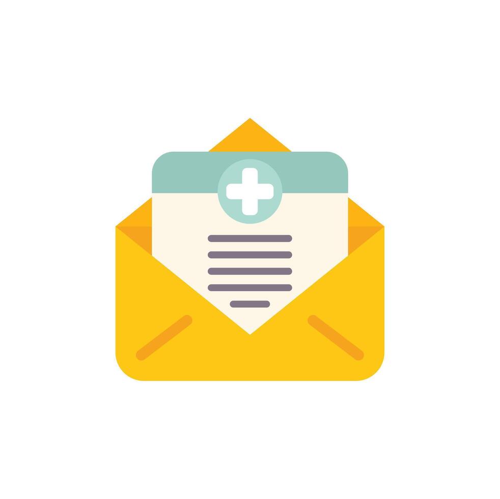 Yellow open envelope containing medical test results with plus sign vector