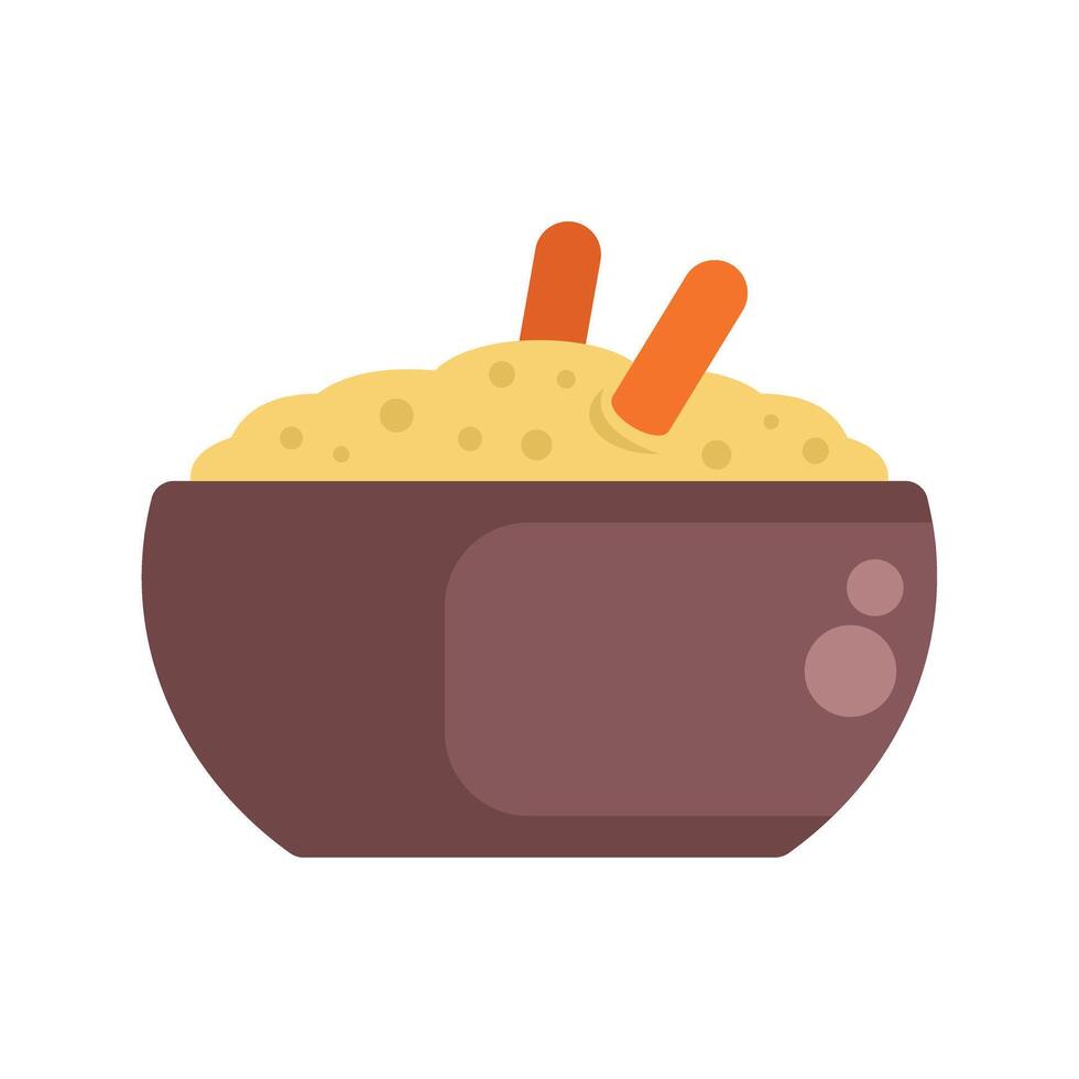 Ceramic bowl is overflowing with creamy hummus with two carrot sticks taking a dip vector