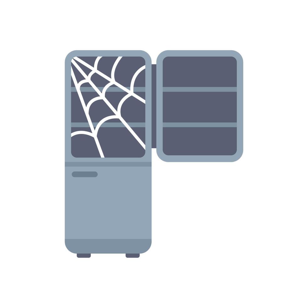 Old empty fridge with cobwebs inside is open showing nothing inside vector