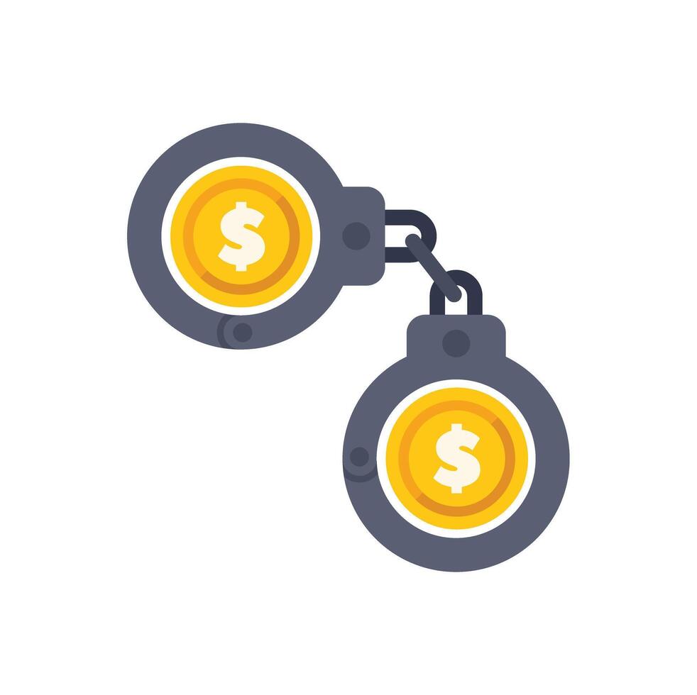 Concept of financial crime illustrated with dollar coins blocked by handcuffs vector