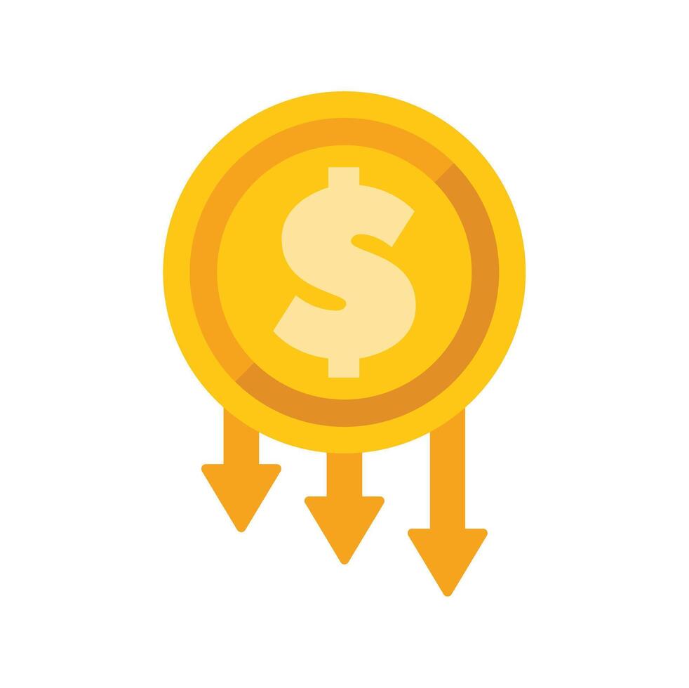 Golden coin with dollar sign and three down arrows showing decrease concept vector