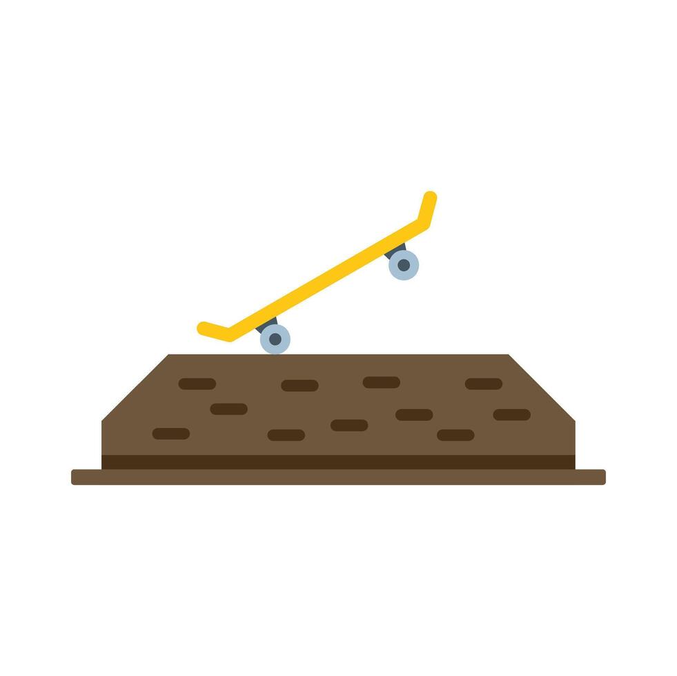 Yellow skateboard performing trick on top of ramp icon vector