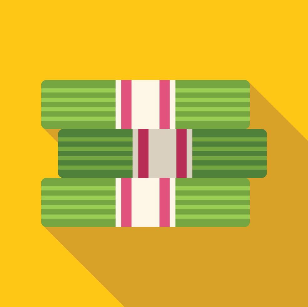 Stack of green pandan leaves wrapped sticky rice cakes on yellow background vector