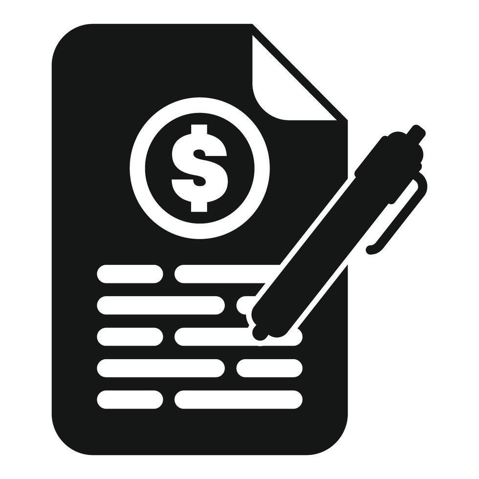 Black and white icon of a pen signing a financial document with a dollar symbol vector