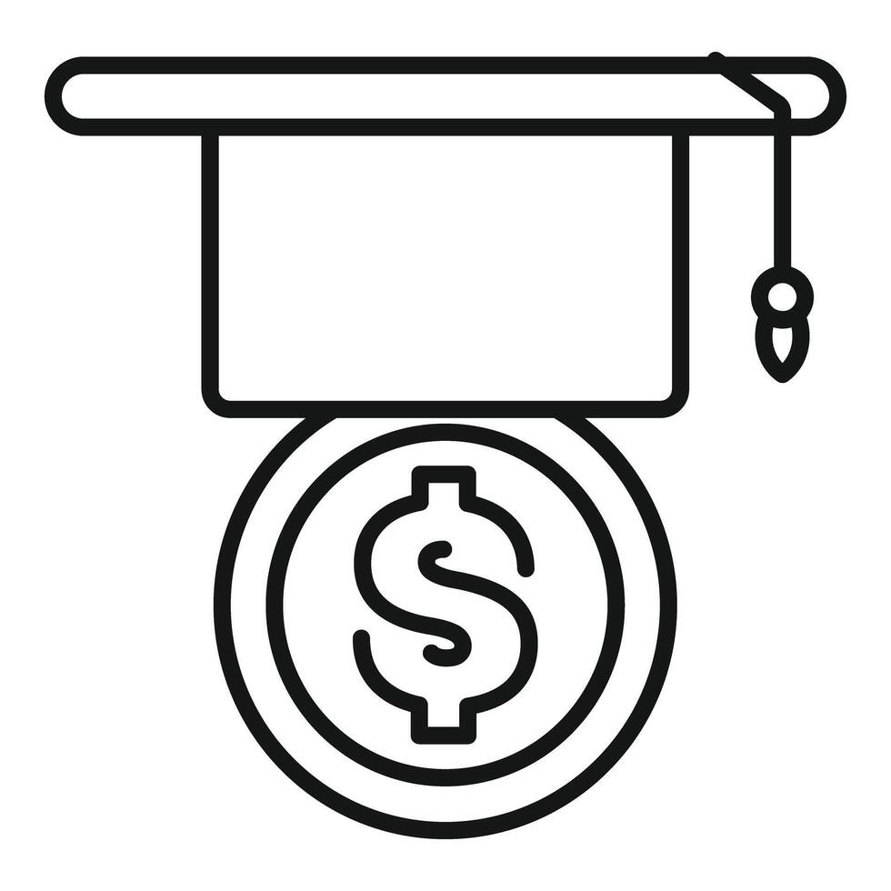 Graduation cap balancing on dollar coin, education costs and investment vector