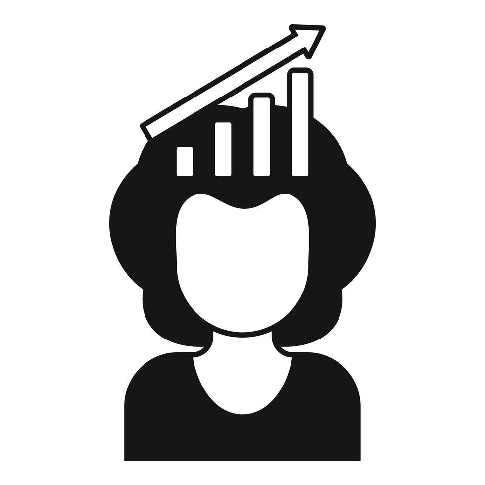 Businesswoman thinking about growing bar chart and rising arrow, simple icon in black and white vector