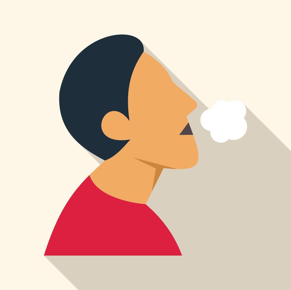 Man exhaling smoke in cold weather, minimalist flat design illustration vector