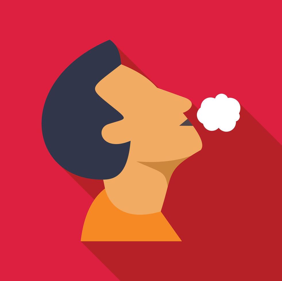 Woman exhaling smoke on red background, profile of a smoker vector