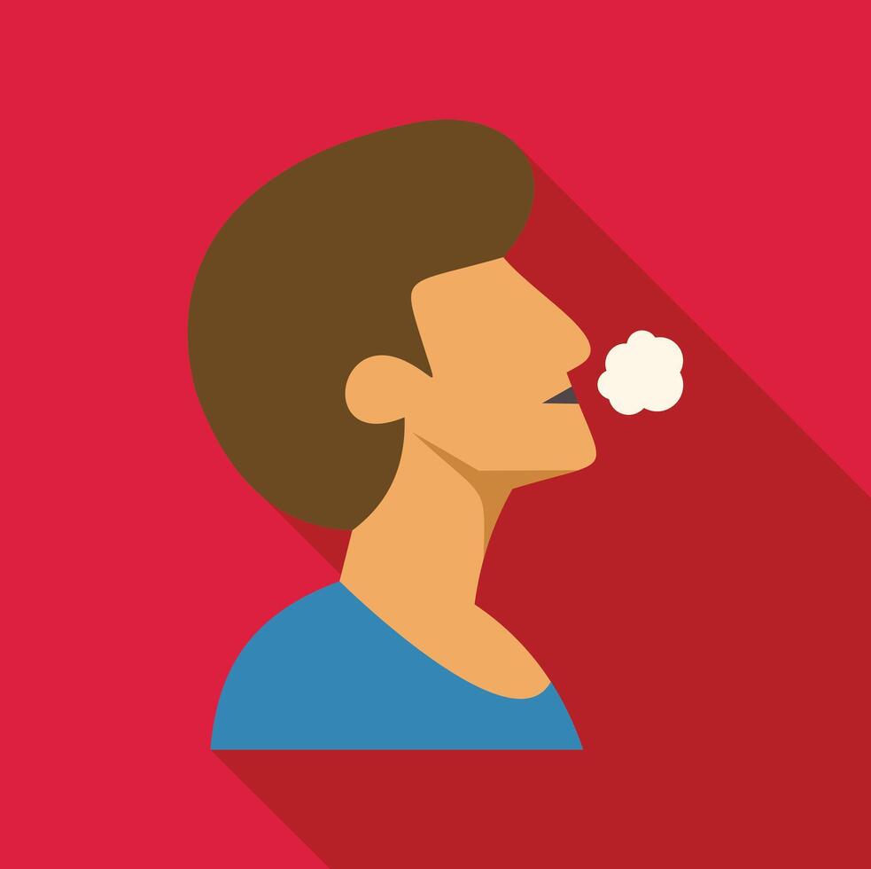 Young person smoking electronic cigarette exhaling vapor on red background vector