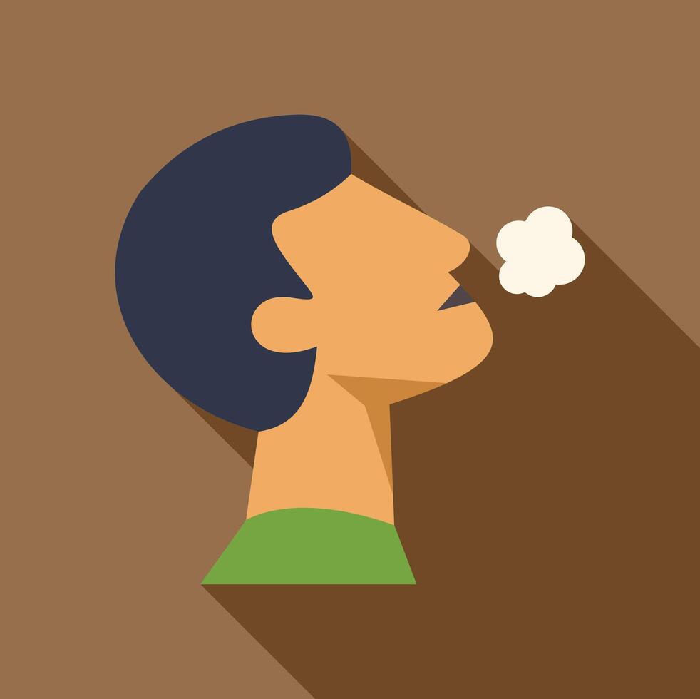Man exhaling smoke, vapor or steam in flat design style with long shadow vector