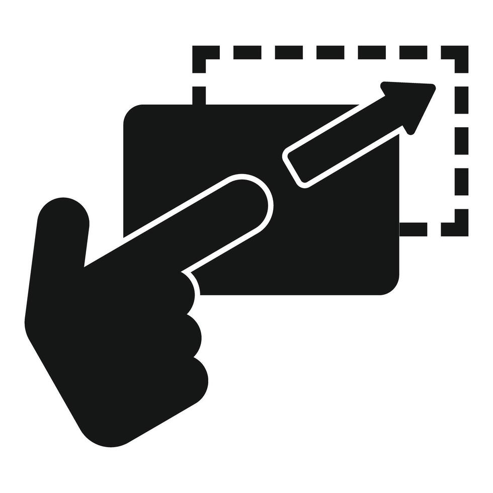 Expanding touch screen area by dragging with finger and arrow icon, simple black glyph icon vector