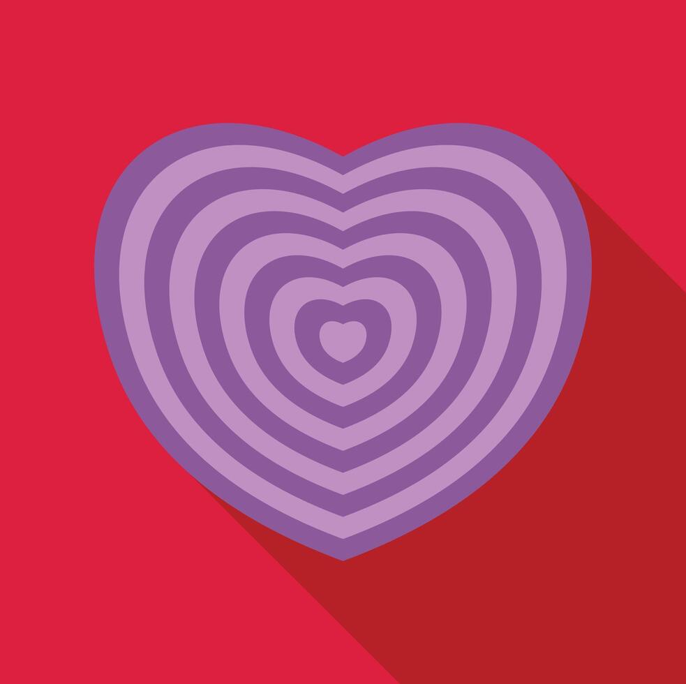Purple heart showing concentric smaller hearts on red background vector
