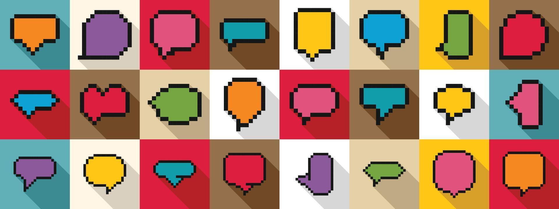 Pixel dialogue box icon set. Pixel art speech bubbles showing various shapes and colors vector
