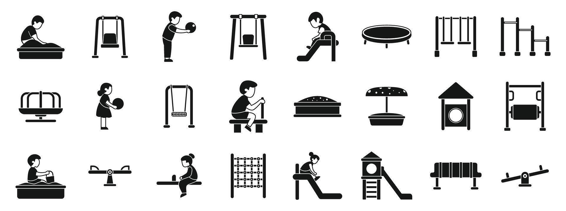 Children play playground icon set. Kids playing on playground equipment, enjoying swings, slides, and sandbox activities vector