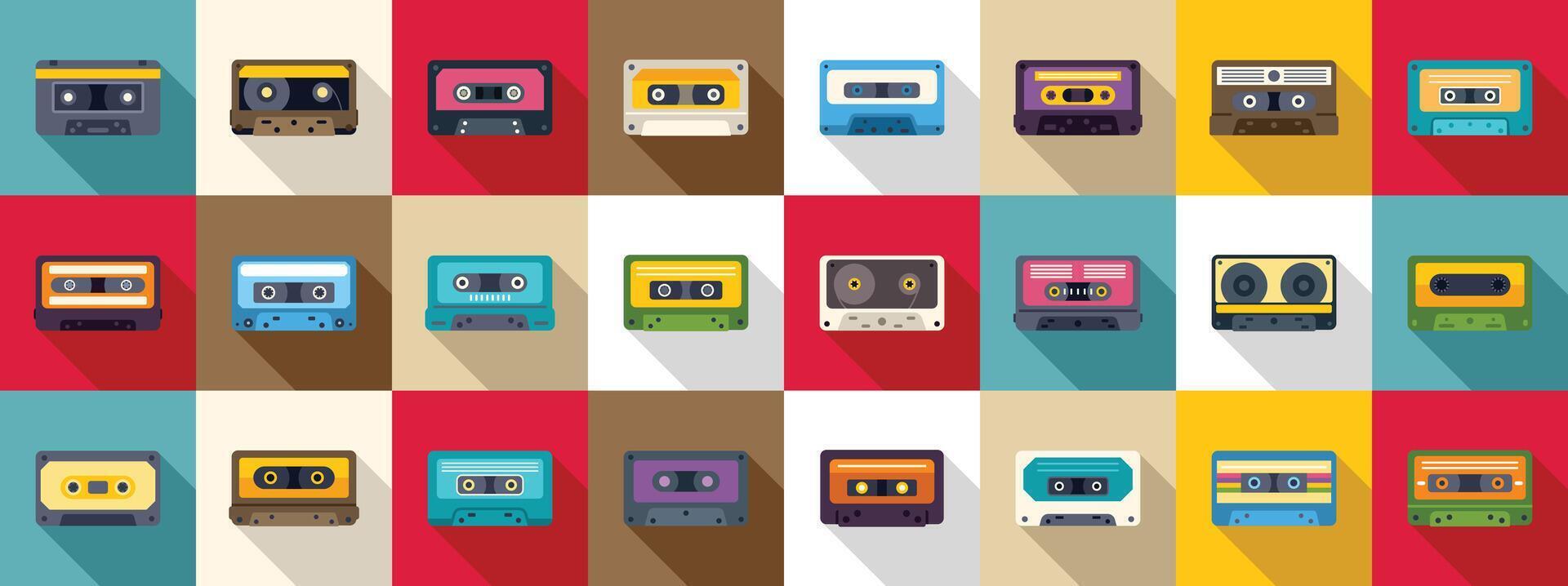 Stereo cassettes icon set. Colorful audio cassettes representing retro music and sound recording vector