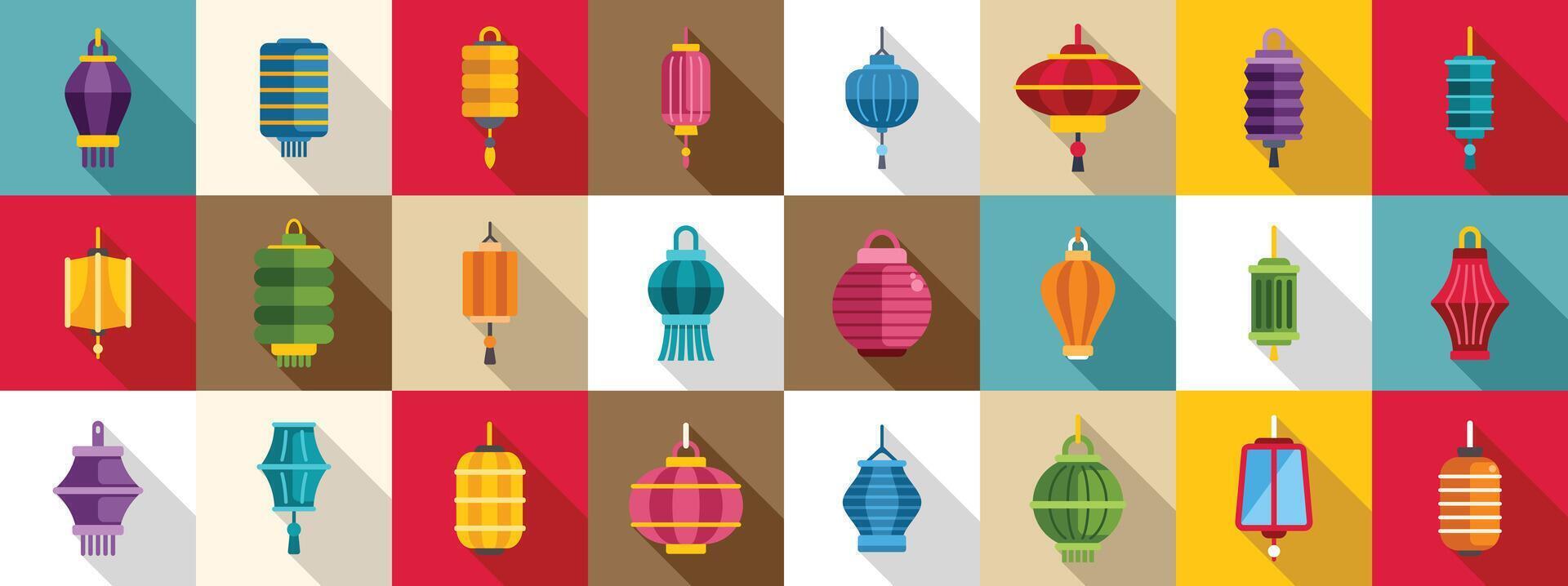 Paper glowing lantern icon set. Colorful chinese lanterns icons set featuring various shapes and styles vector
