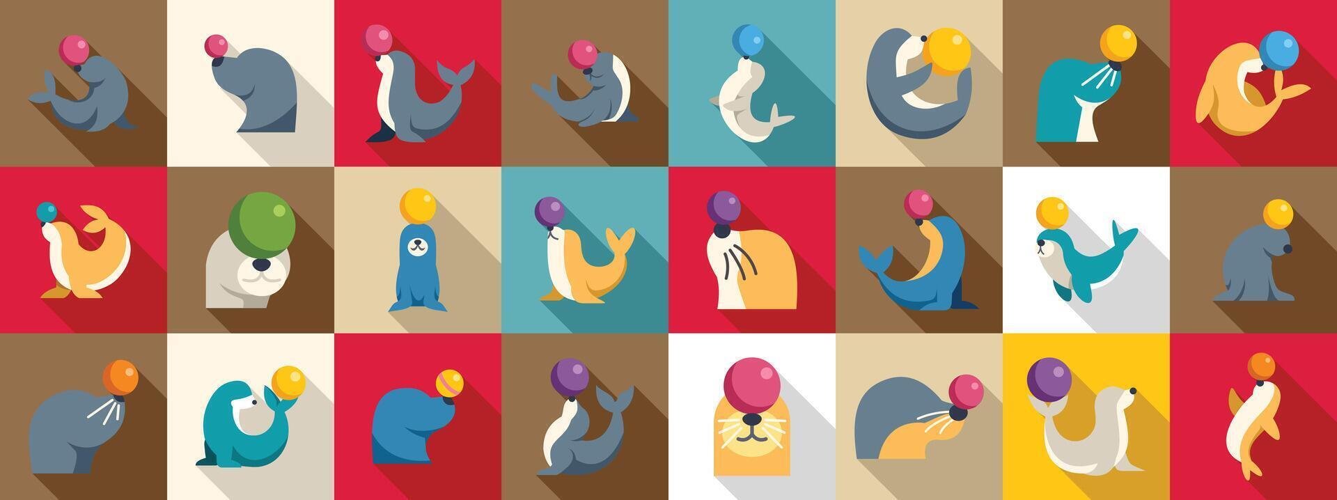 Seal holds ball icon set. Circus seal balancing balls on nose icons set flat illustration vector