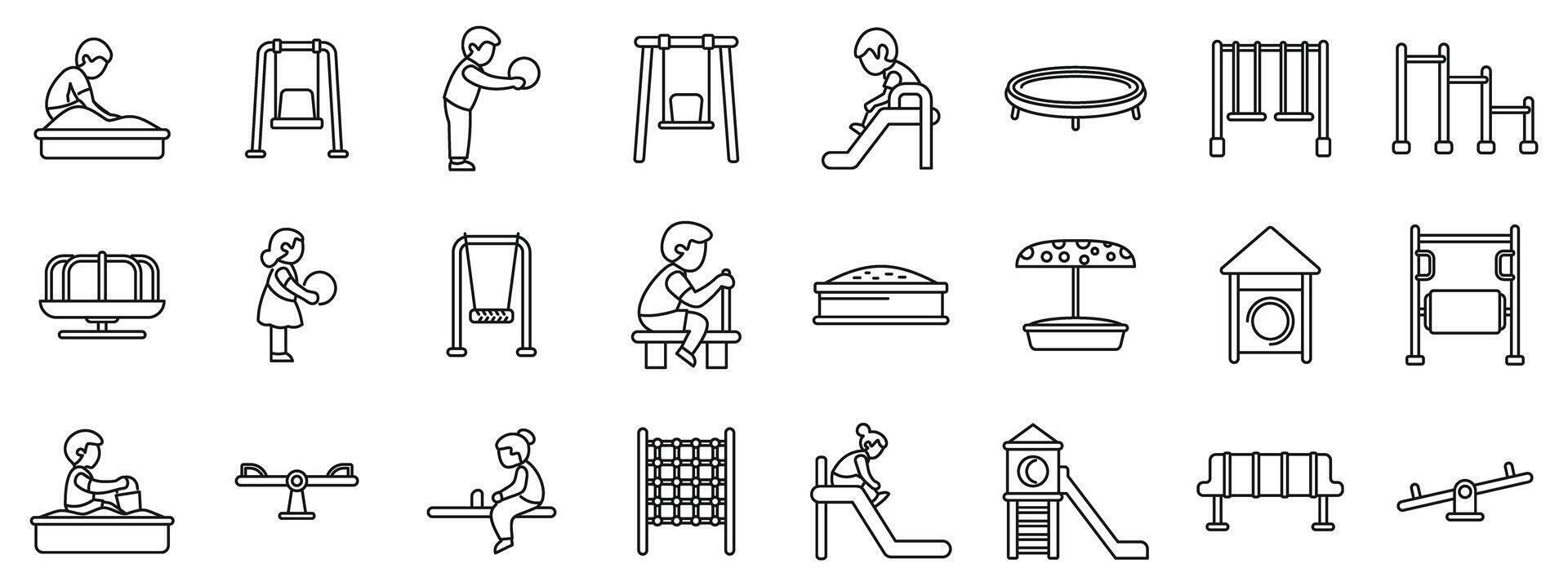 Children play playground icon set. Kids playing on playground swings, slides, and seesaws vector