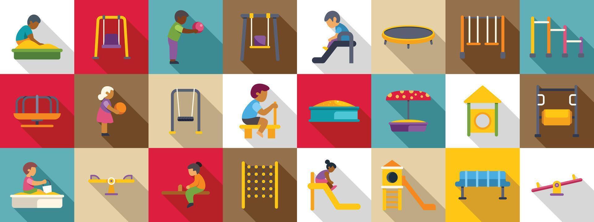 Children play playground icon set. Kids playing and having fun at the playground with swings, slides, and sandbox vector