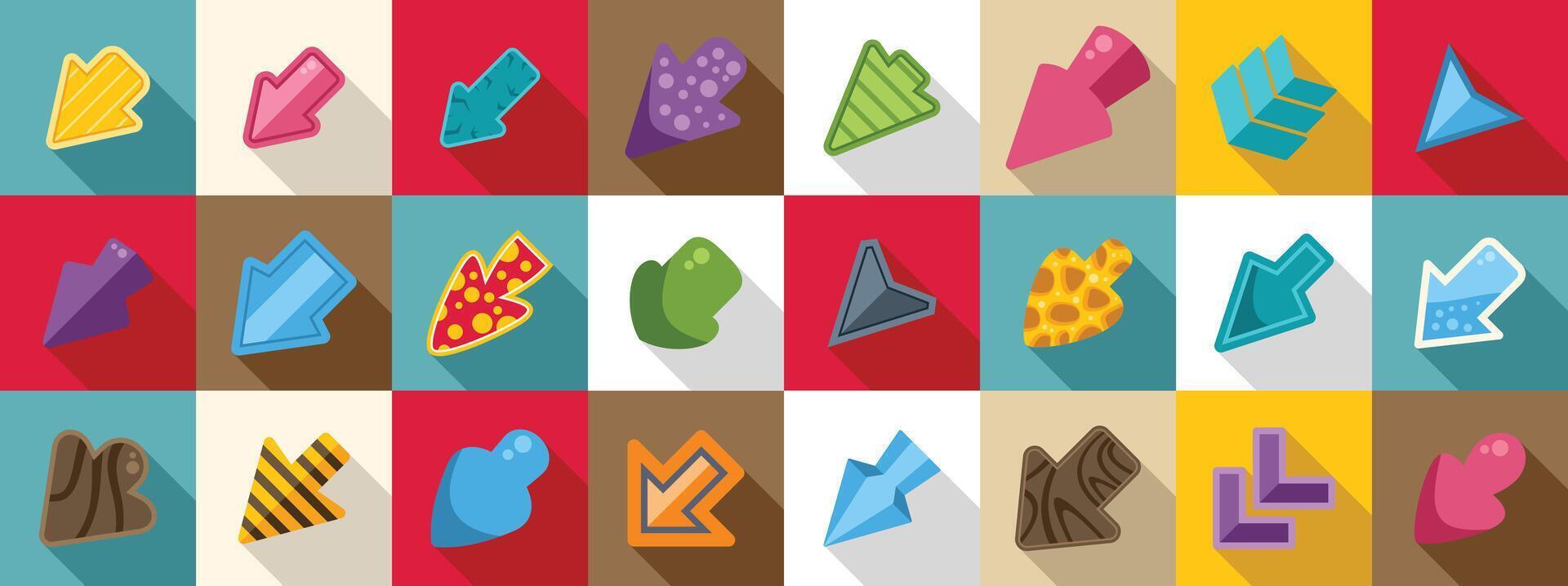 Game ui arrow icon set. Collection of various colorful arrows pointing in different directions vector