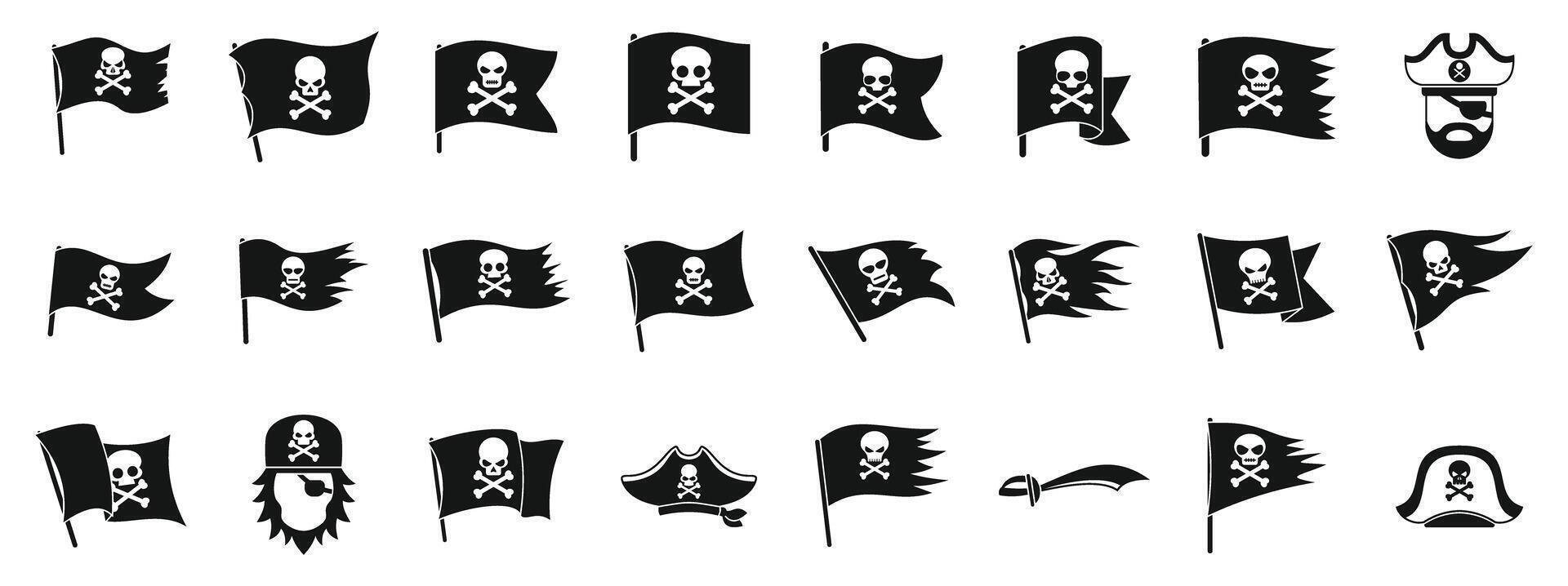 Jolly roger icon set. Pirate flag, skull and crossbones, jolly roger waving in different styles with tricorn hat and cutlass vector