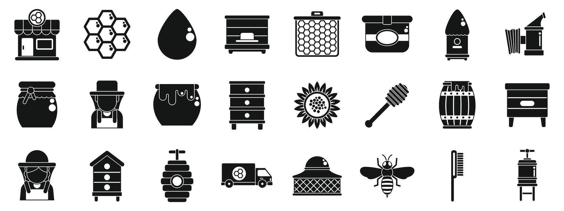 Apiculture business icon set. Beekeeping and honey production icons set featuring beekeepers, honeycombs, and equipment vector