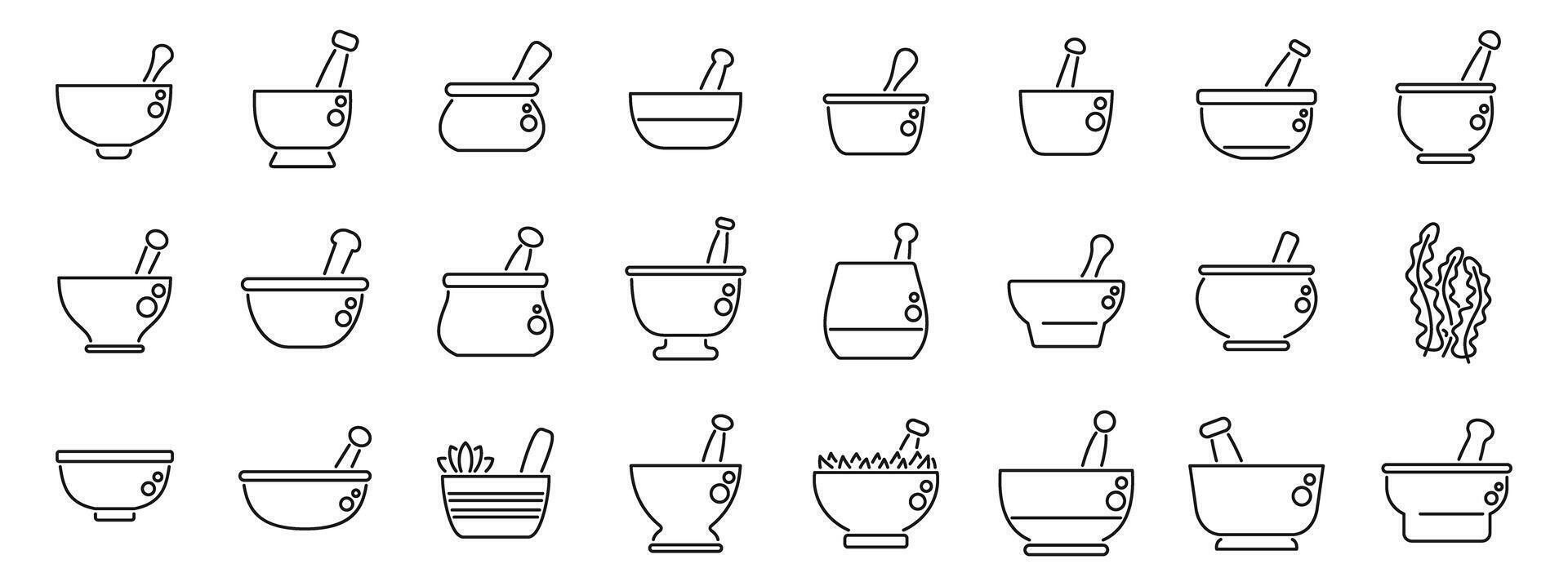 Grass mortar icon set. Mortar and pestle icons showing grinding and crushing for cooking and medicine vector