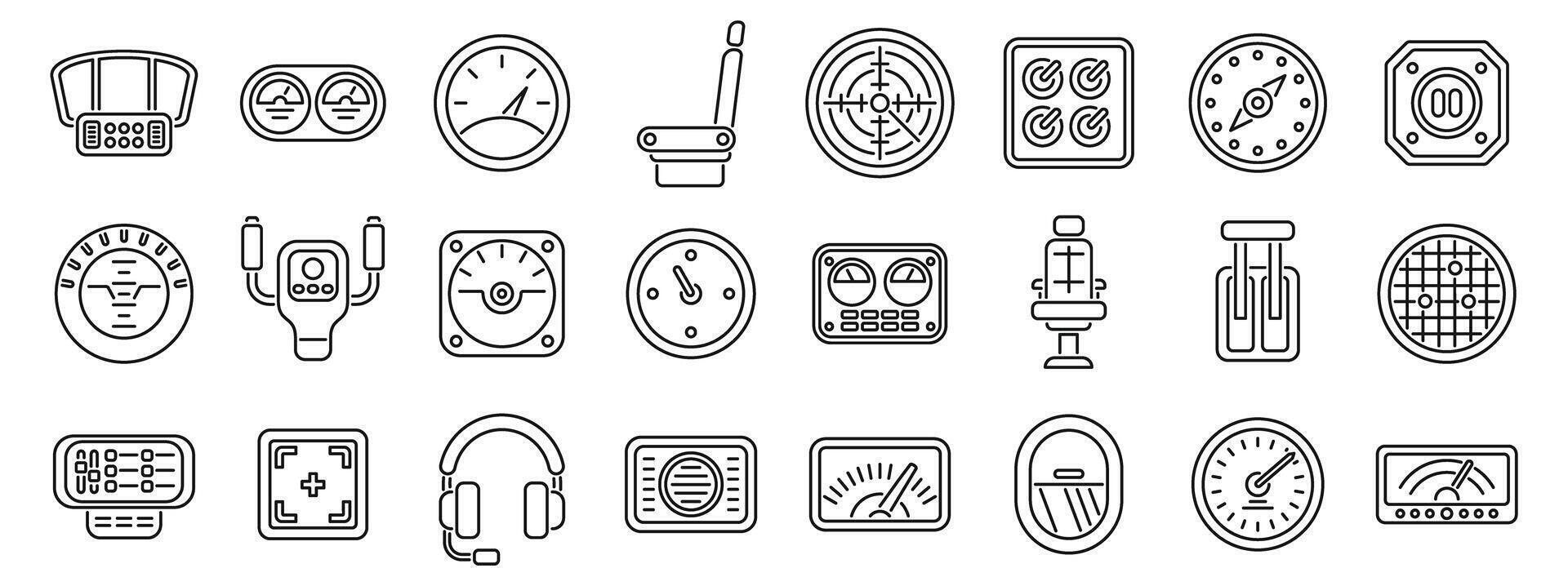 Airplane cockpit icon set. Airplane cockpit panel icons showing speedometer, altimeter, artificial horizon, clock, seat, switches, headset, and digital instruments vector