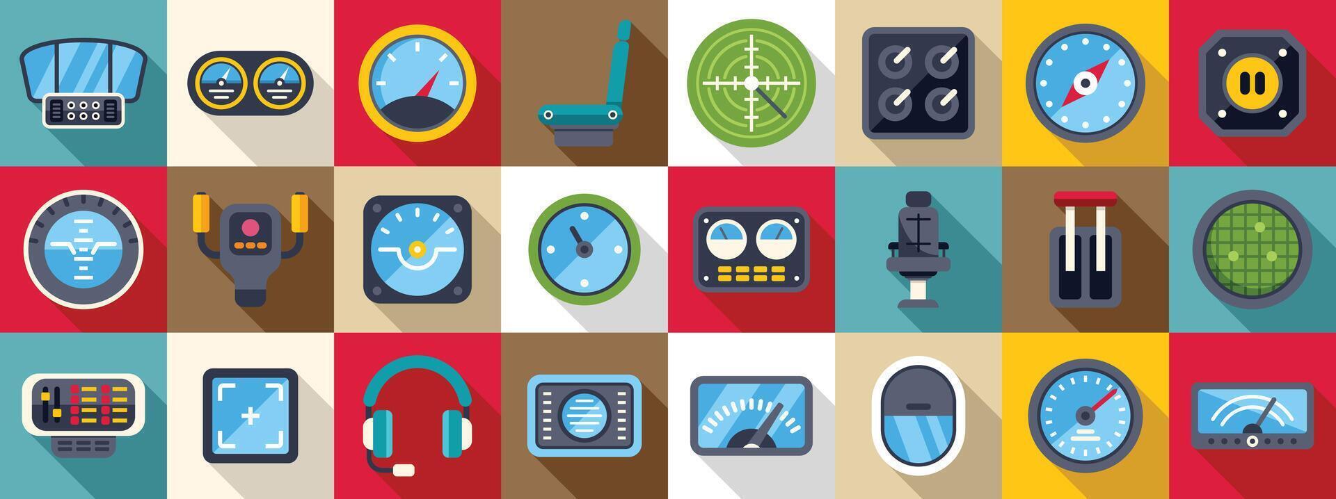 Airplane cockpit icon set. Airplane cockpit instruments and controls showing flight data and pilot interface vector