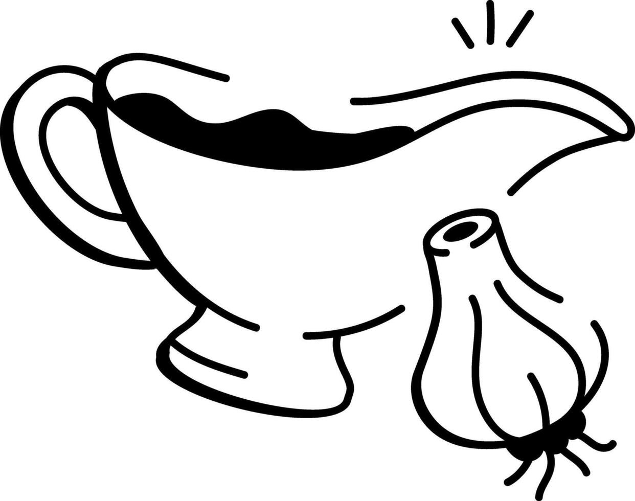 Doodle icon of a gravy boat filled with garlic sauce and a garlic clove vector