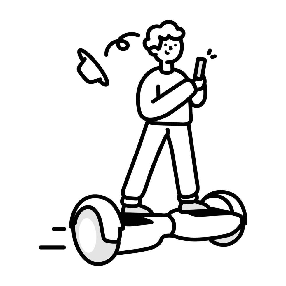 Boy enjoying hoverboarding and using mobile, doodle icon vector