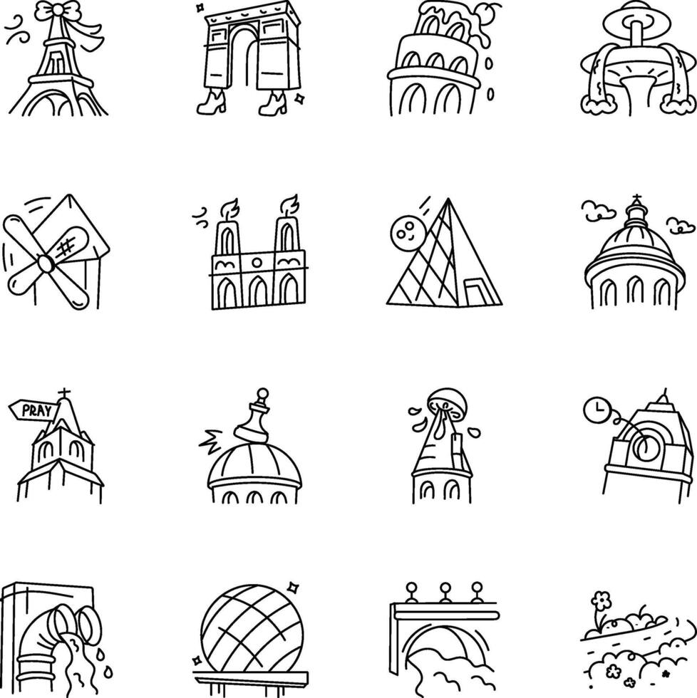 Collection of Doodle Style Paris Landmarks Icons vector