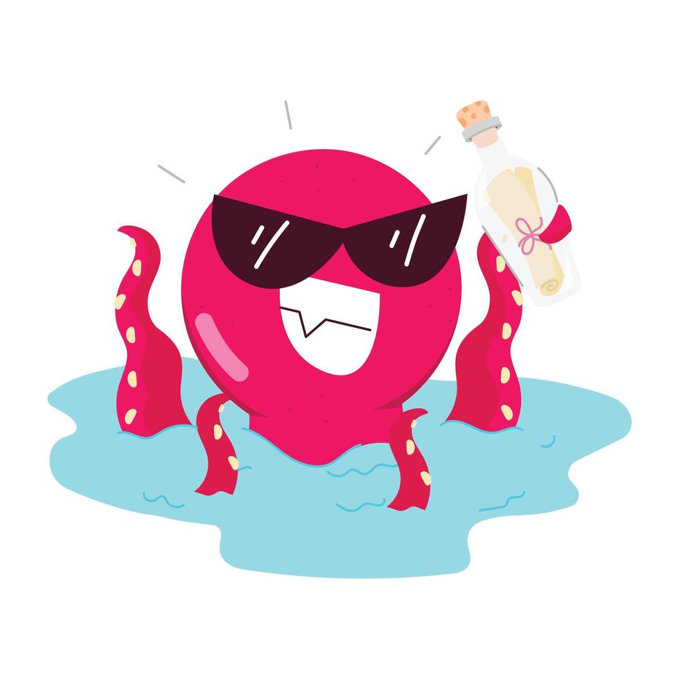 A flat sticker of octopus holding sea message bottle vector