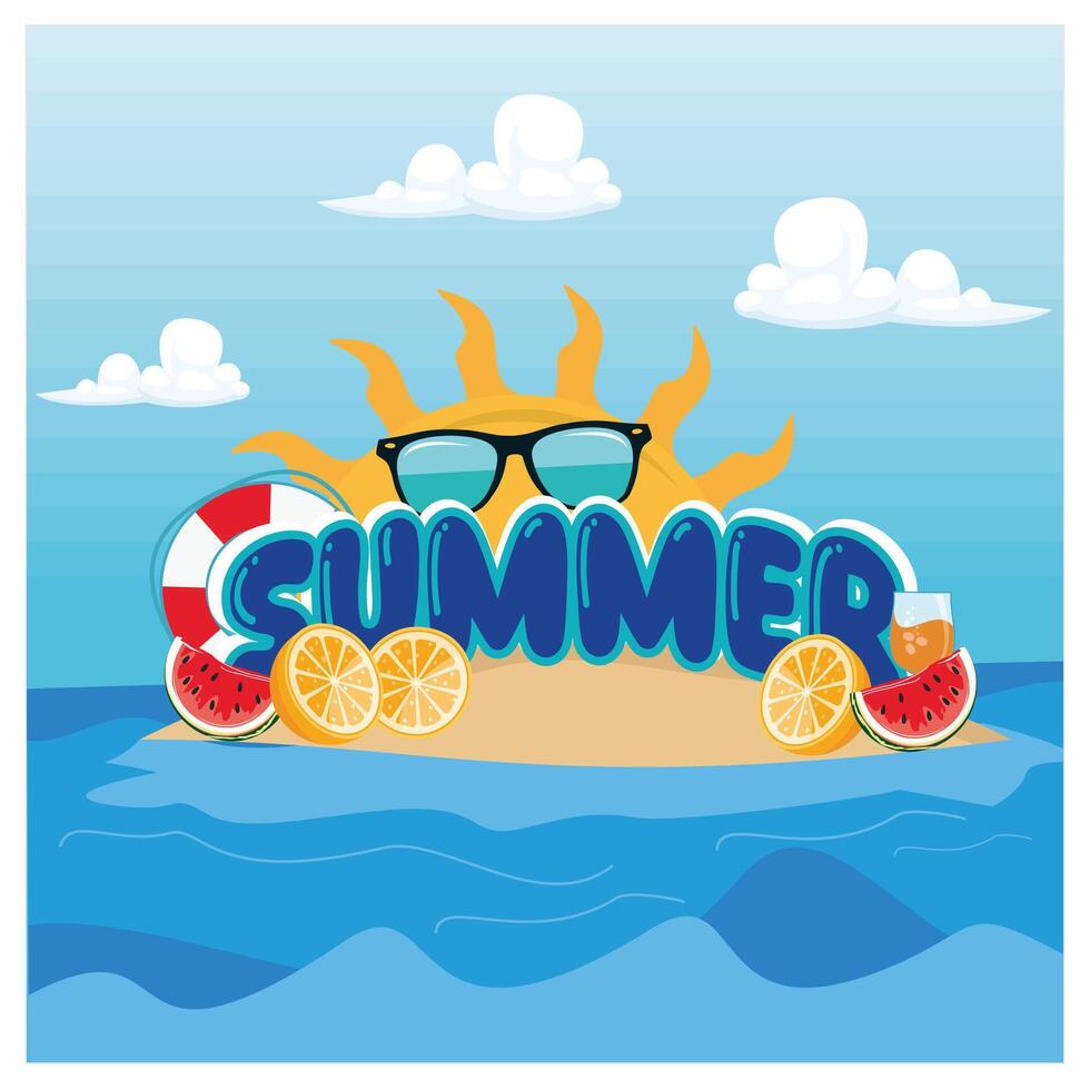 Beach island with summer elements. Summer with blue sky and white clouds background. Summer concept. Flat illustration. vector