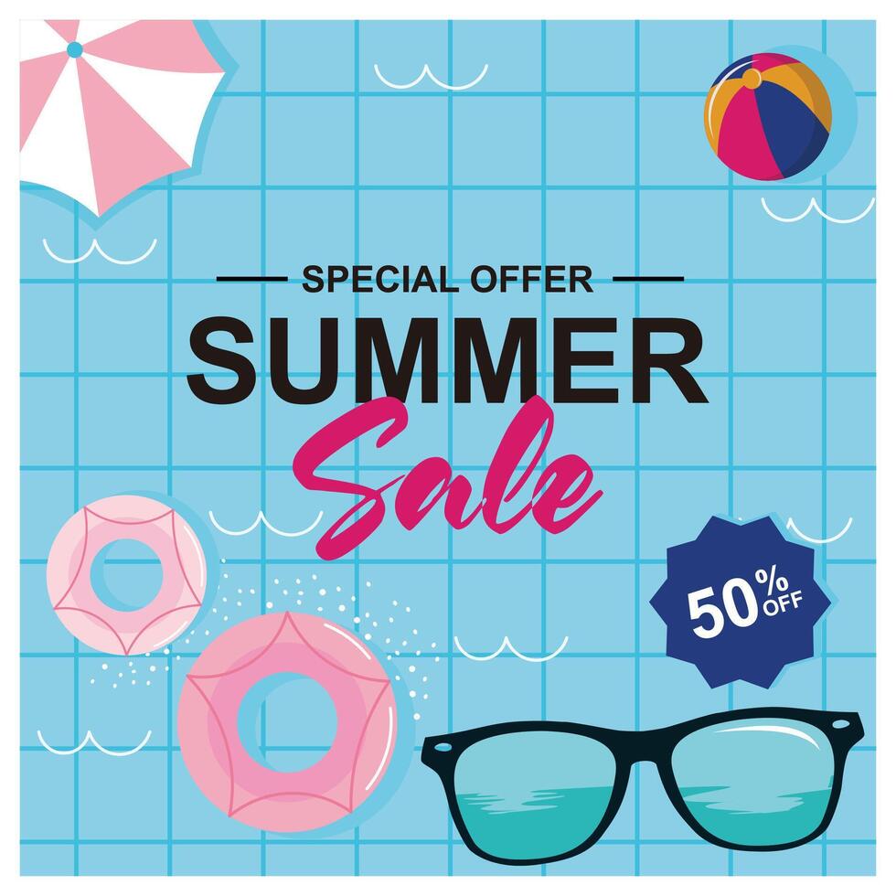 Summer sale with balls and glasses. Swimming pool with swimming tubes and umbrellas. Summer concept. Flat illustration. vector