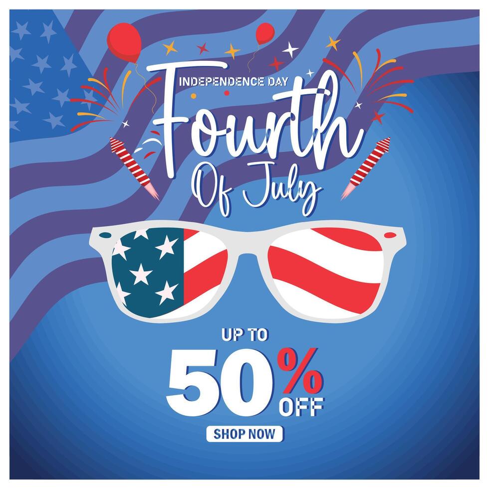 American Independence Day sales promotion advertisement. Balloon decorations, American flags, and glasses. Independence Day USA concept. Flat illustration. vector