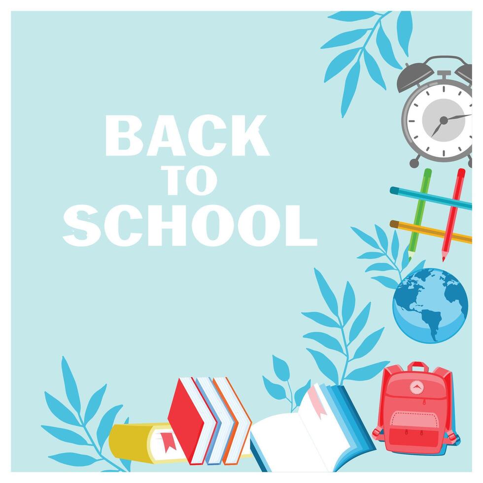 Red backpack with school supplies, globe, and alarm clock. Leaf decoration on bright color background. Back to School concept. Flat illustration. vector