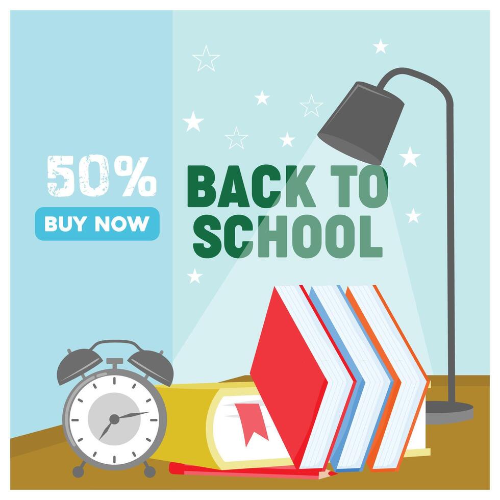 School equipment, alarm clock, and study lamp on the table. Bright color background. Back to School concept. Flat illustration. vector