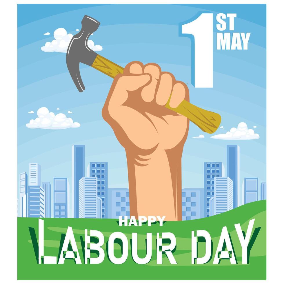 Clenched hand holding a hammer. Cityscape background. Labor Day concept. Flat illustration. vector