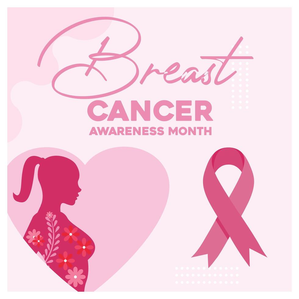 Silhouette of woman with pink ribbon. A heart symbol on a pink background. Breast cancer awareness concept. Flat illustration. vector