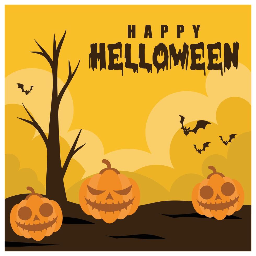 Jack O Lantern pumpkin and spooky tree. Flying bats on a yellow background. Halloween concept. Flat illustration. vector