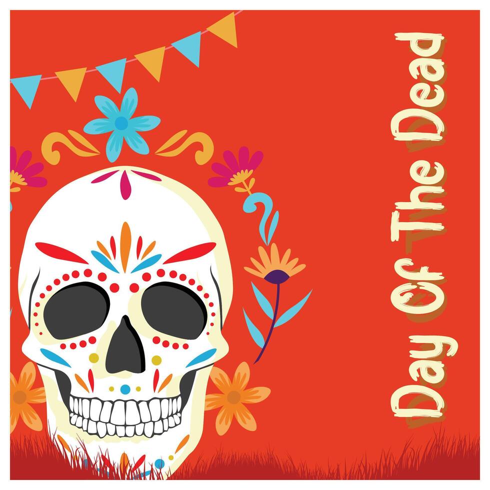 Painted skull with flowers. Day of the Dead parties in Mexico. Day of the Dead concept. Flat illustration. vector