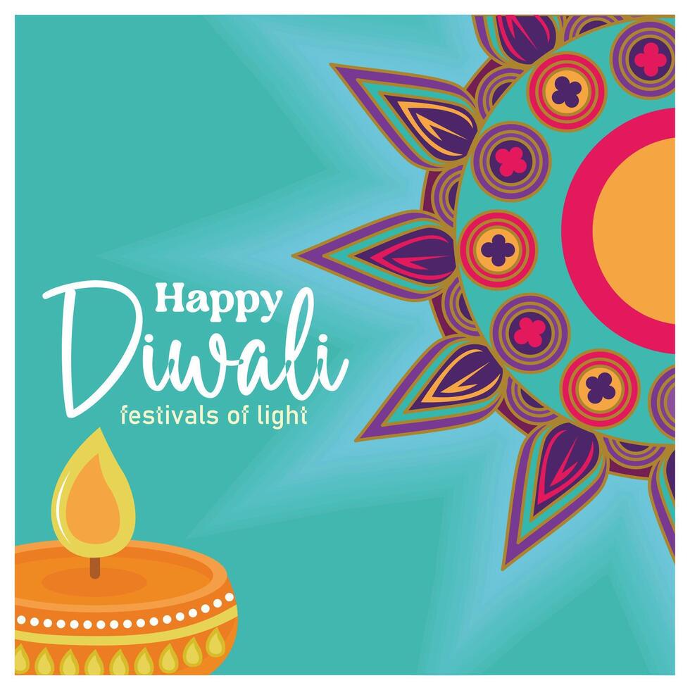 Lighted Diya lamp with rangoli decorations. Light green background. Diwali festival concept. Flat illustration. vector