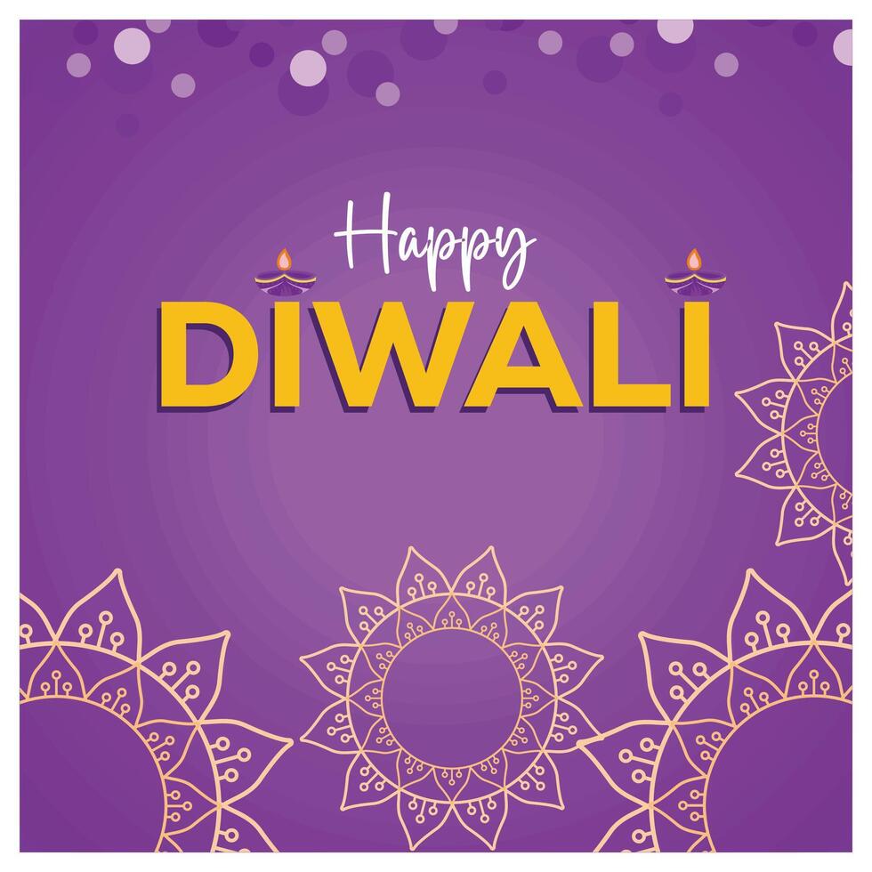 Festival of lights with burning oil lamps. Rangoli pattern on purple background. Diwali festival concept. Flat illustration. vector