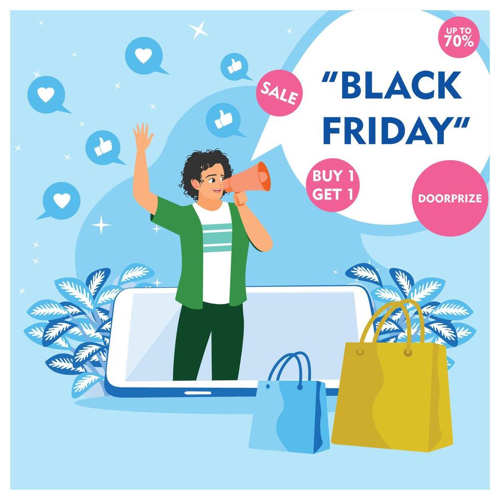 Man talking using a megaphone. Discount online shopping with shopping bags. Black Friday sale concept. Flat illustration. vector