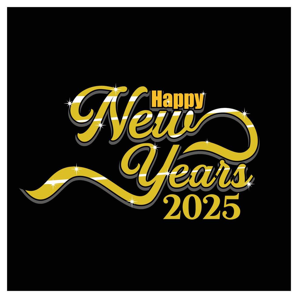 Handwritten Happy New Year 2025. Gold typography on a black background. Happy New Year 2025 concept. Flat illustration. vector