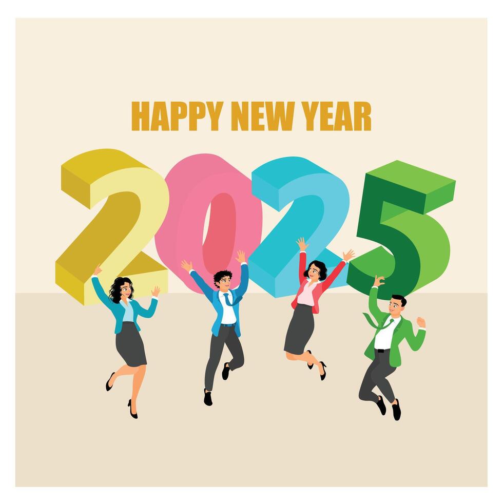 People are celebrating the New Year 2025. Colorful font on a bright background. Happy New Year 2025 concept. Flat illustration. vector