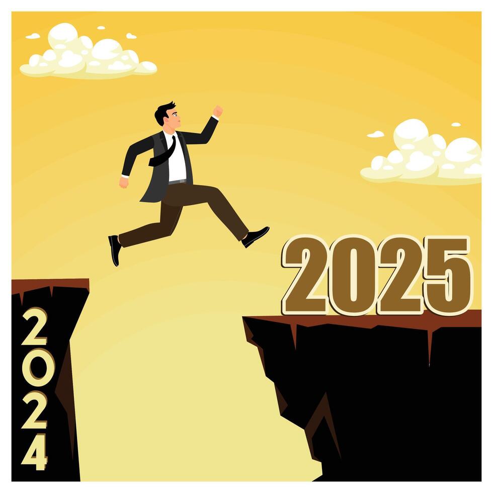 A businessman jumps between the years 2024 and 2025. White clouds in the evening sky. Happy New Year 2025 concept. Flat illustration. vector
