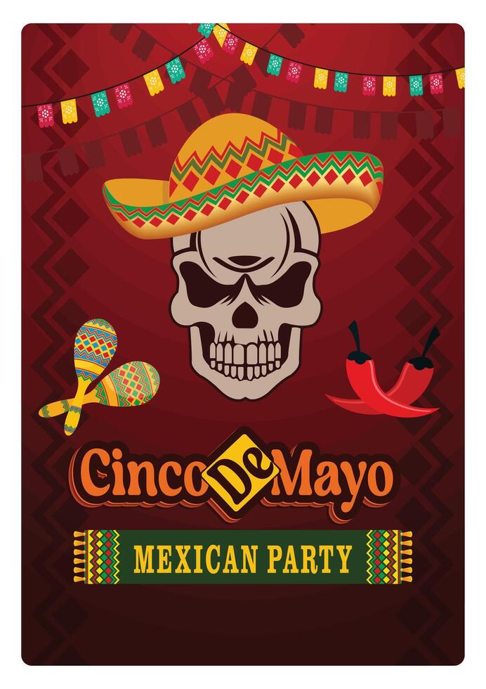 Skull wearing a sombrero with maracas and red peppers. Cinco de Mayo celebration. Cinco de Mayo concept. Flat illustration. vector