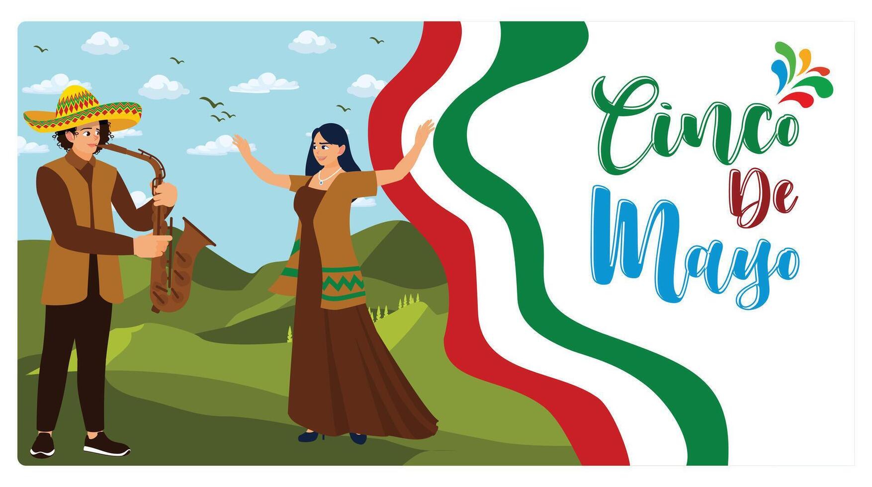 Man wearing a sombrero and playing trumpet. A woman dances to Mariachi music. Cinco de Mayo concept. Flat illustration. vector